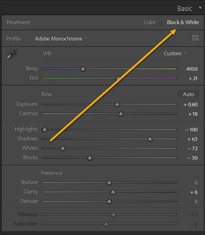 how to convert to black and white in Lightroom