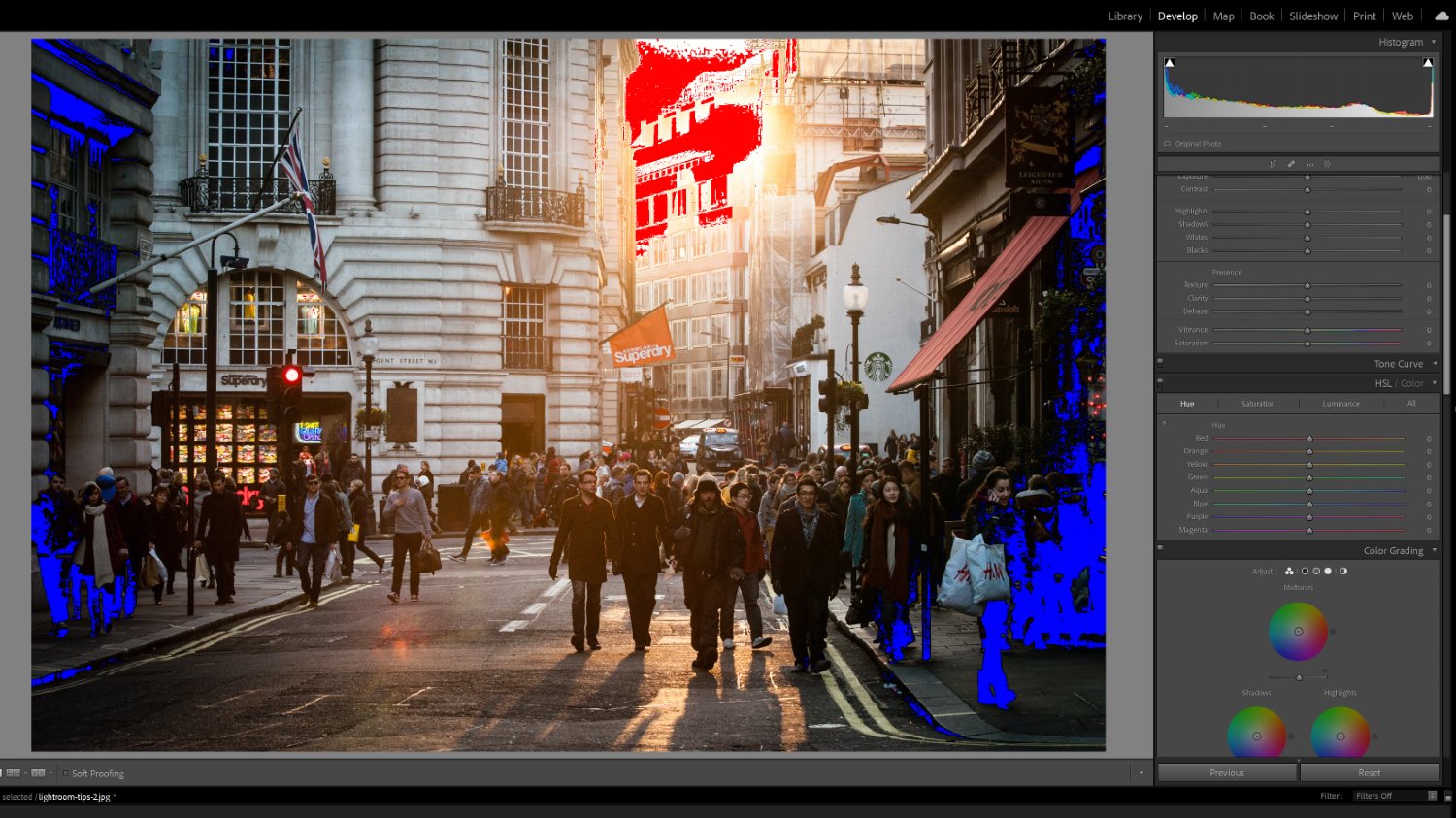 Lightroom clipping indicators